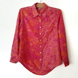 Coldwater Creek 100% Silk Floral Button Up Blouse Boho Paisley Pink Orange